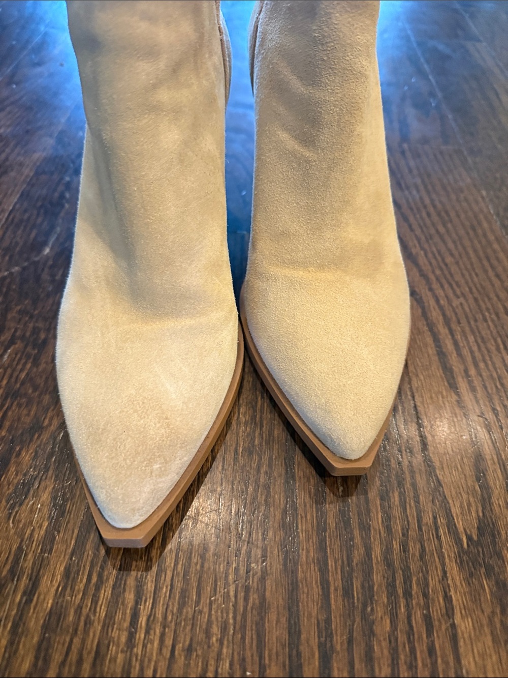Gianni Bini Tan Suede Ankle Booties with Stacked Heel - Picture 3 of 5